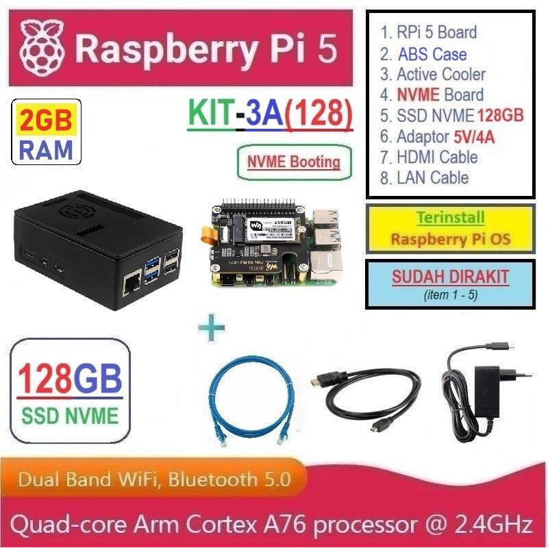 KIT-3A(128)  Raspberry Pi 5 (2GB RAM) KIT NVME SSD 128GB - Complete SET SIAP PAKAI